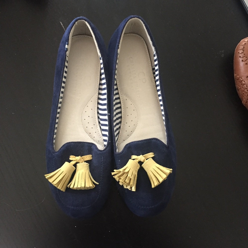 NEVER WORN: Blue suede flats with yellow tassel!